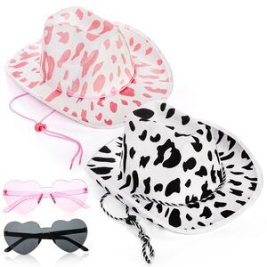 2161 Set Of 4 Cow Print Cowboy Hat, Pink Black Cowgirl Hat With Heart